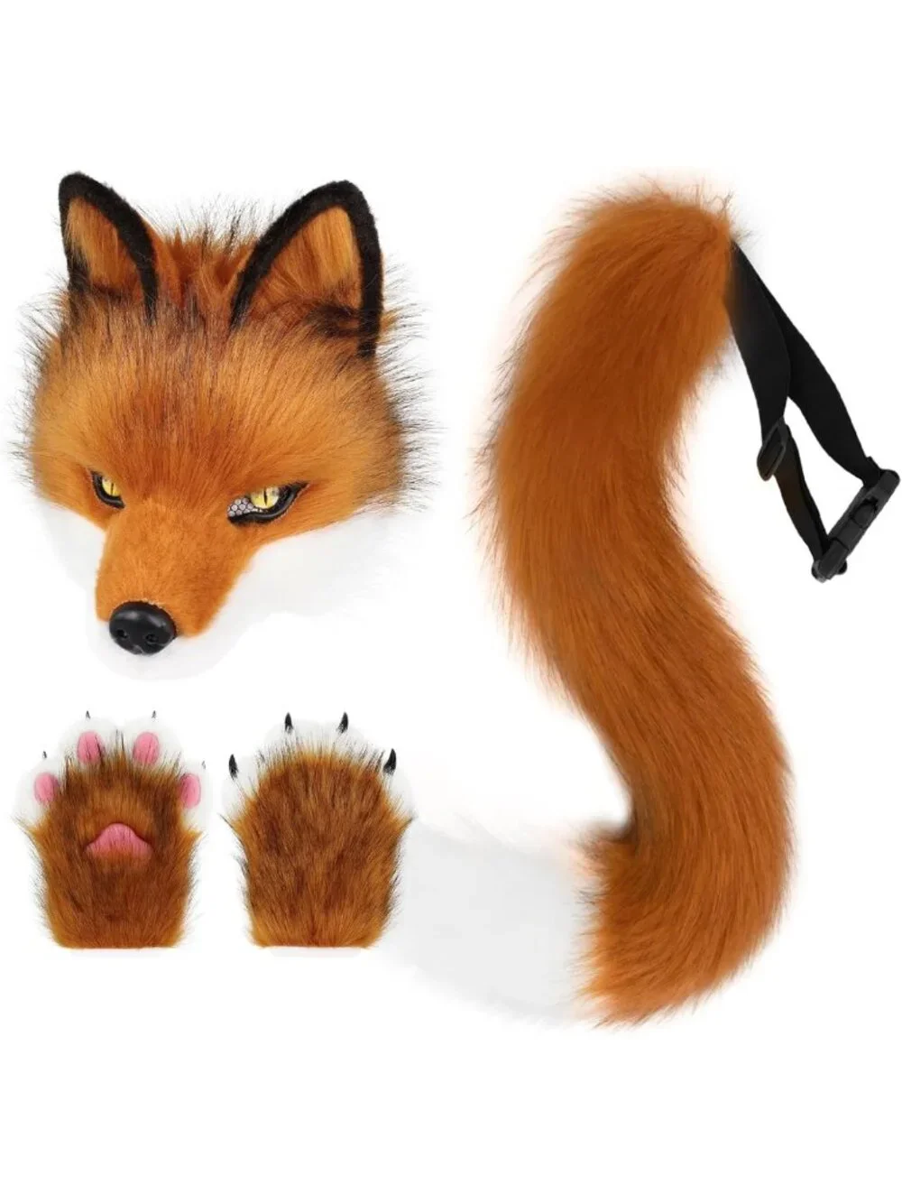 Plush Faux Fur Dog Wolf Mask, Paw Gloves & Fox Tail Set for Halloween Cosplay